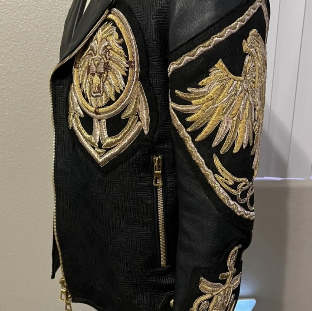 Balmain x H&M Gold Lion Embroidered Leather Jacket - Picture 2 of 11